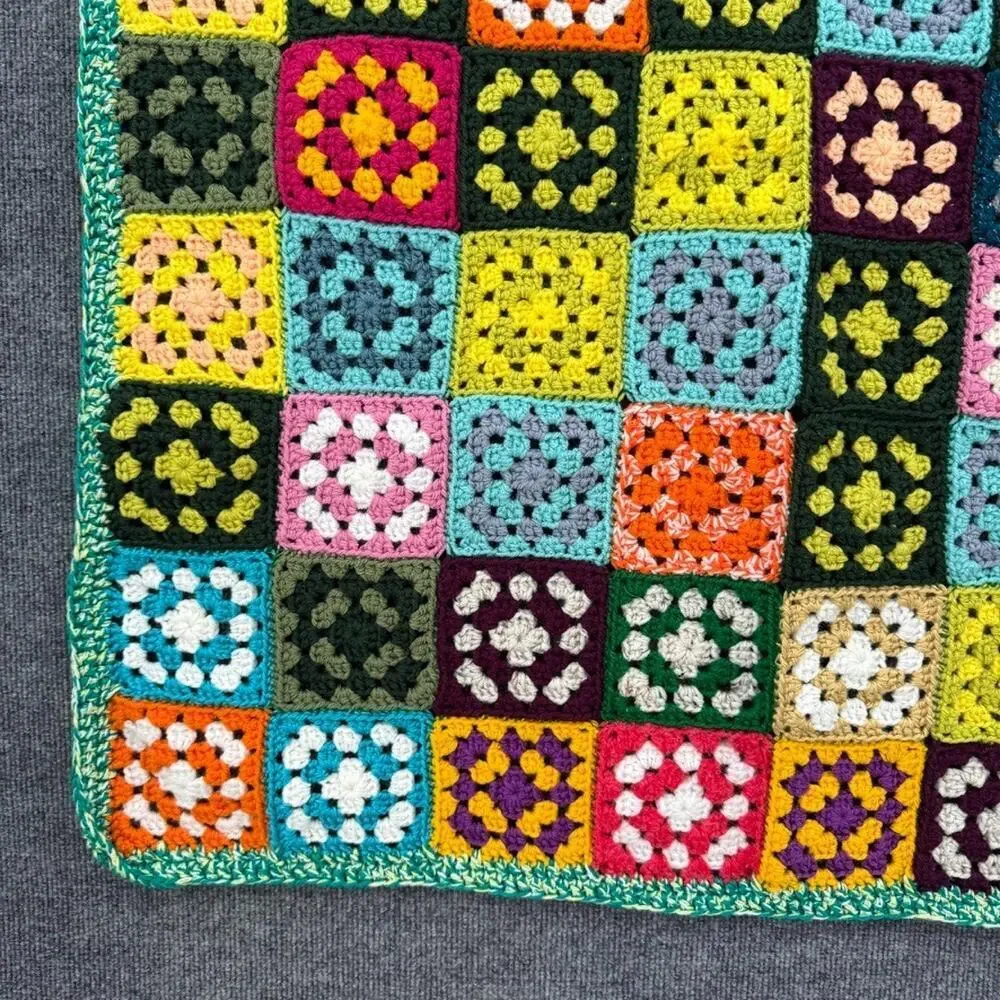 Crochet Granny Square Baby Blanket Small Ivory Multicolor Handmade 33X38 Afghan
